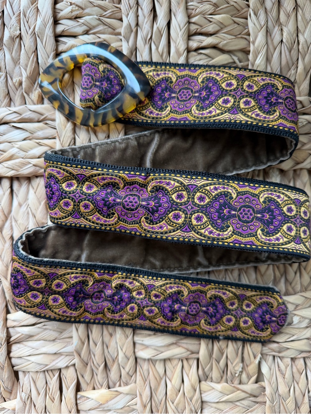 Adjustable Slide Purple Paisley Velvet Belt with Tortoise Shell Buckle Size M/L